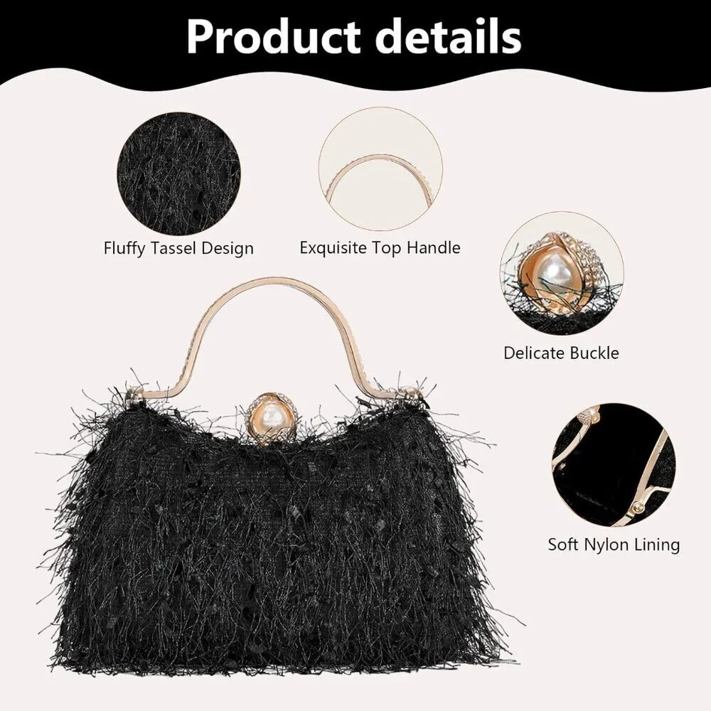 Women's Evening Clutch Purse Faux Feather Compact Shoulder Bag for Formal Events